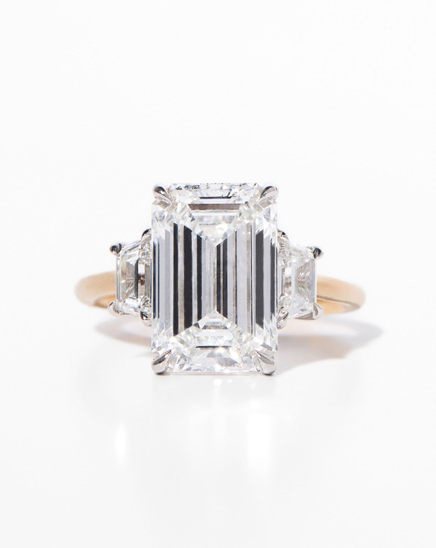 3.56 Emerald Lab Diamond in Whisper Thin® Three Stone with Trapezoids