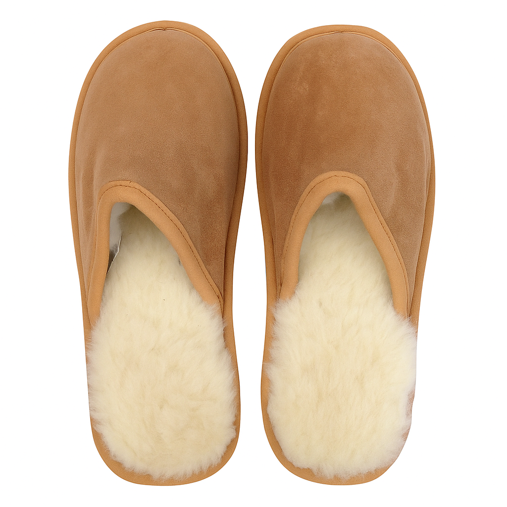 100 Sheepskin Mens Slippers Scuffs Slip On Winter Ugg Slippers In Chestnut