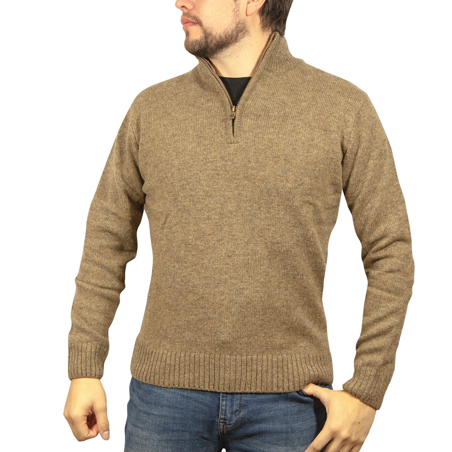 100 Shetland Ragg Wool Half Zip Up Knit Jumper Pullover Mens Sweater Knitted Nutmeg