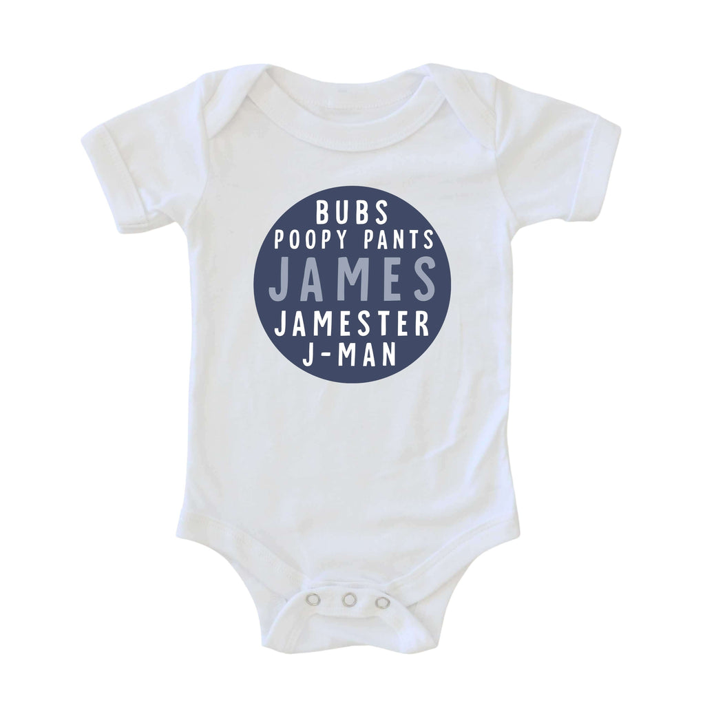 Personalized Blue Circle Name Graphic Bodysuit | White