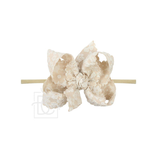 1/4" PANTYHOSE HEADBAND W/ SCALLOPED EDGE LACE FLOWER BOW: 3.5" Medium