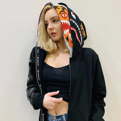 Bathing Ape Tiger Head Shark Double Hood Sweater Camouflage Hoodie Thin Velvet Terry Hooded Sweater