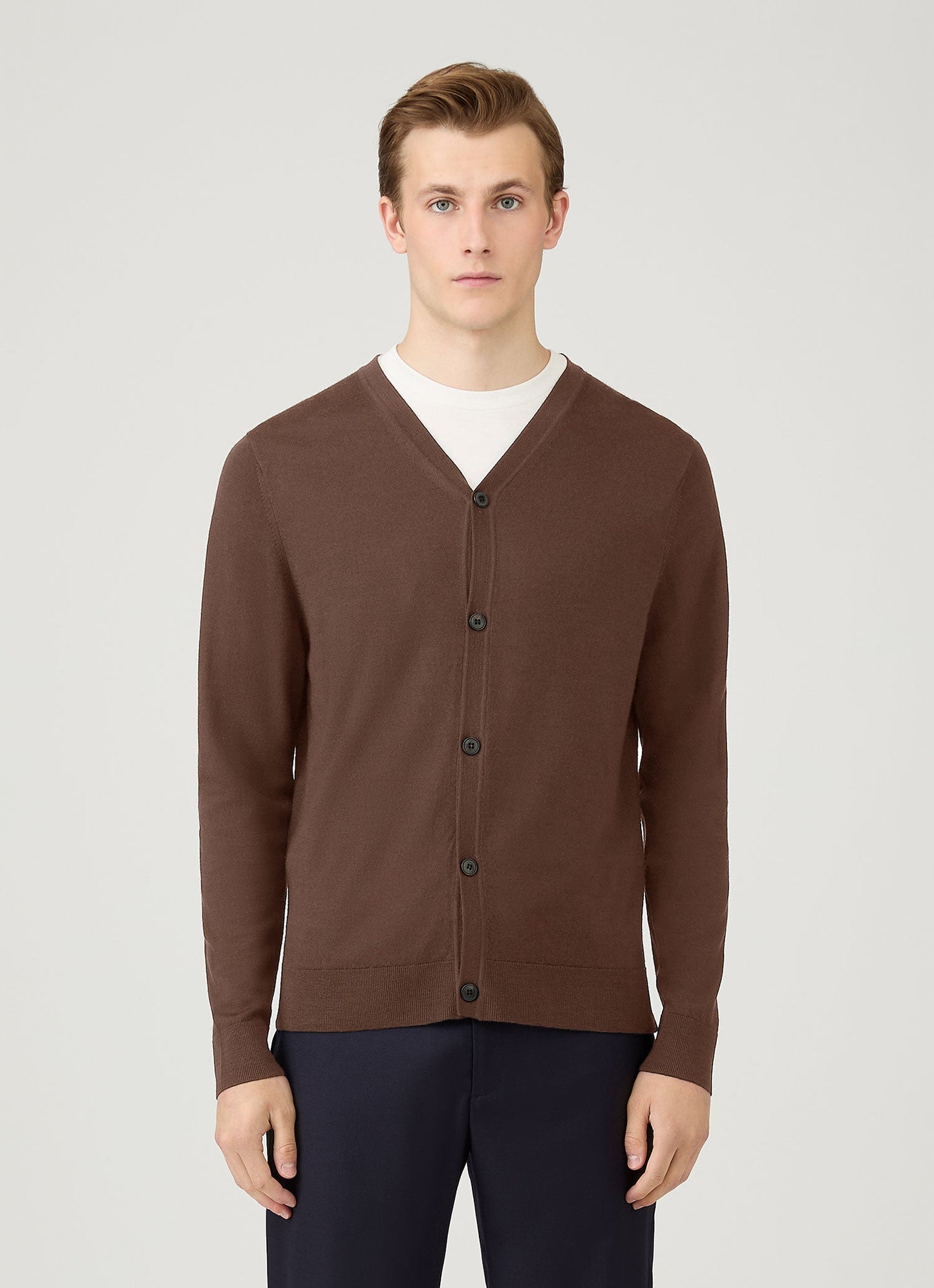 Mens Extra Fine Merino Cardigan In Bark Mcar8223 Brgc