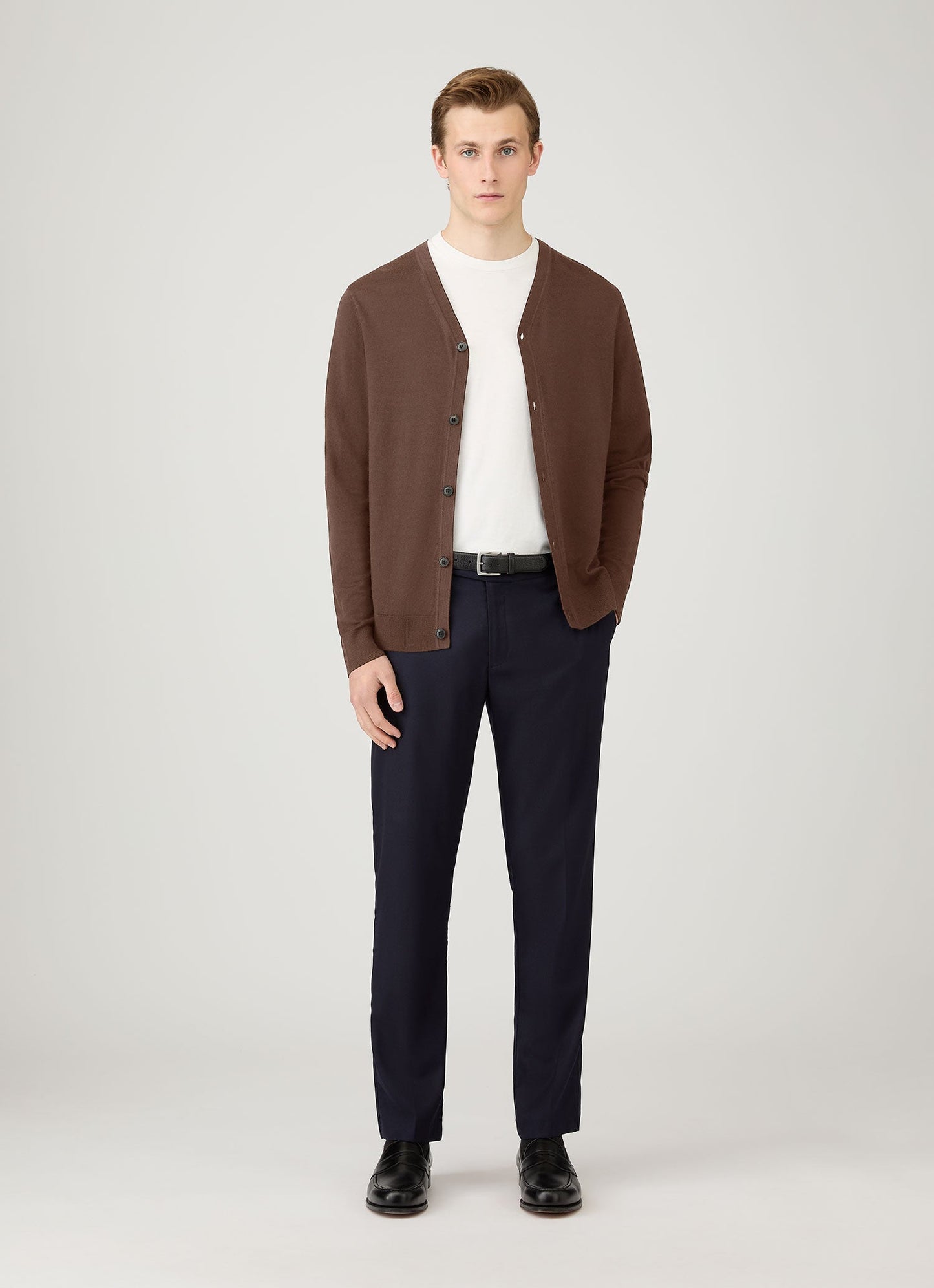 Mens Extra Fine Merino Cardigan In Bark Mcar8223 Brgc