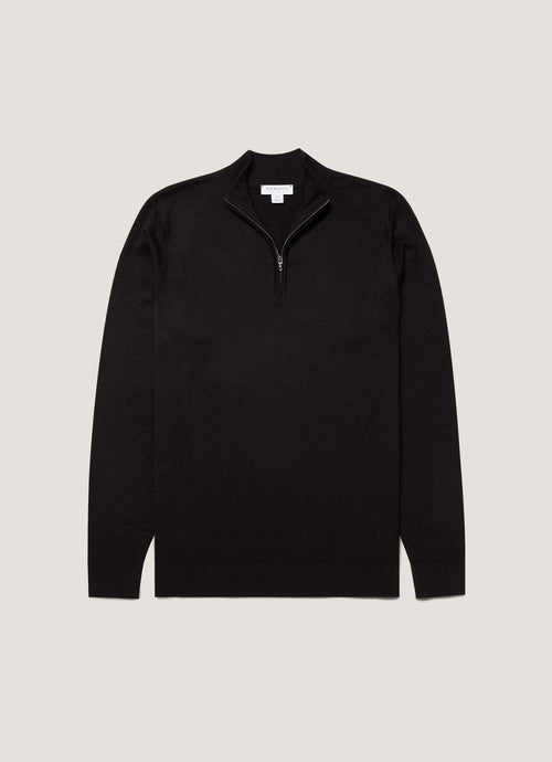 Mens Fine Merino Wool Zip Neck In Black