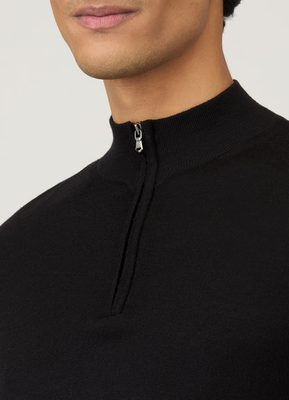 Mens Fine Merino Wool Zip Neck In Black