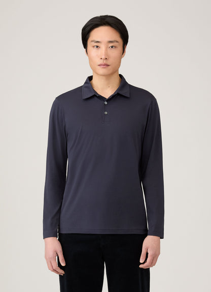 Mens Cotton Jersey Long Sleeve Polo Shirt In Navy 1