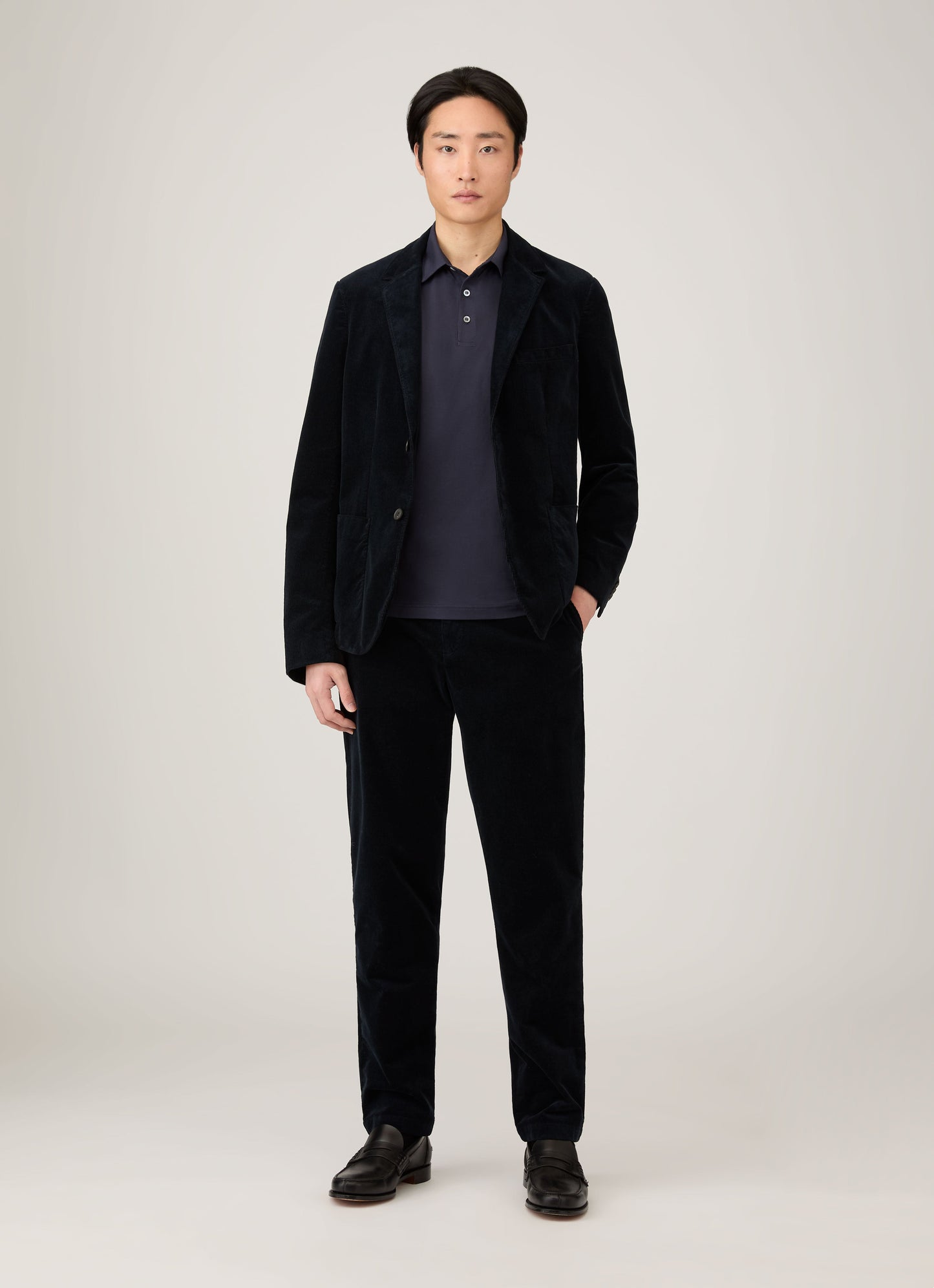 Mens Cotton Jersey Long Sleeve Polo Shirt In Navy 1
