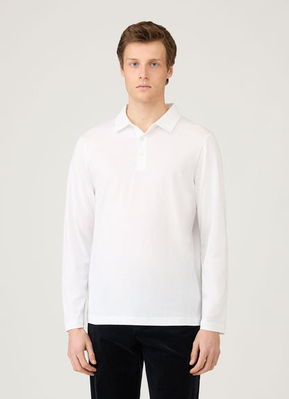 Mens Cotton Jersey Long Sleeve Polo Shirt In White 3