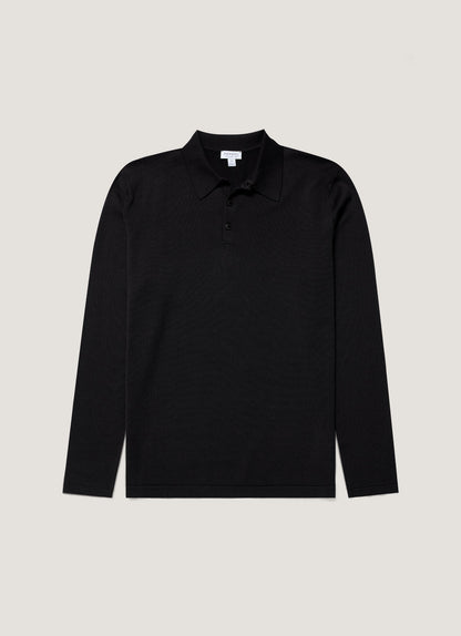 Mens Sea Island Cotton Knit Long Sleeve Polo In Black