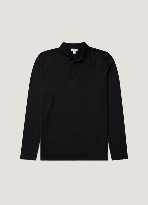 Mens Sea Island Cotton Knit Long Sleeve Polo In Black