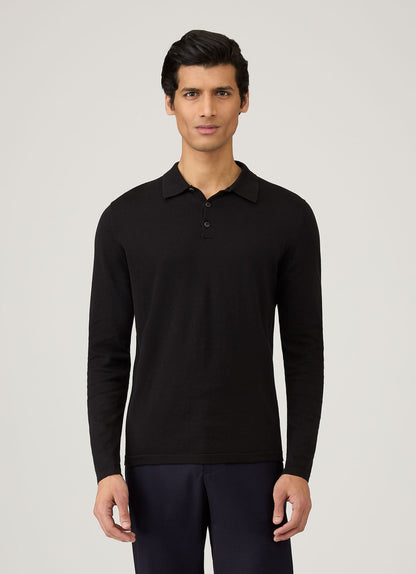 Mens Sea Island Cotton Knit Long Sleeve Polo In Black
