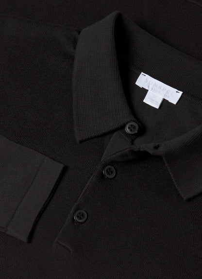 Mens Sea Island Cotton Knit Long Sleeve Polo In Black