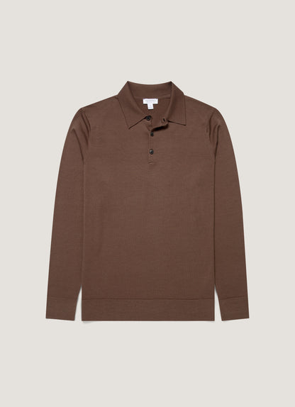 Men's Extra-Fine Merino Knitted Polo Shirt in Bark