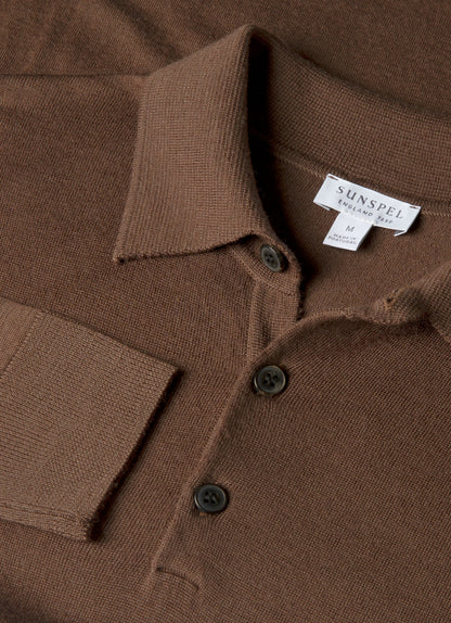 Men's Extra-Fine Merino Knitted Polo Shirt in Bark