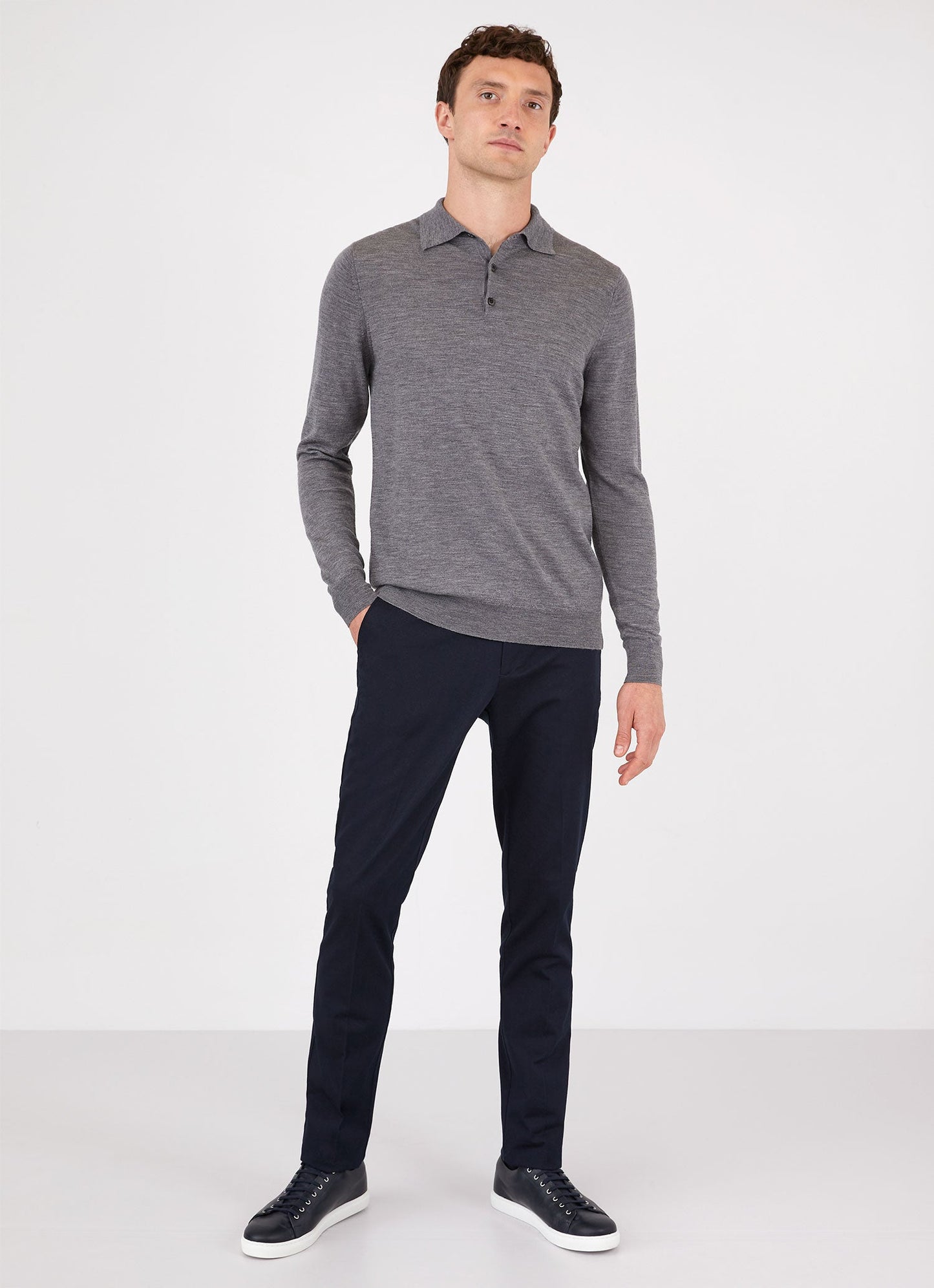 Mens Fine Merino Wool Polo Shirt In Mid Grey Melange