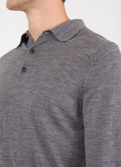 Mens Fine Merino Wool Polo Shirt In Mid Grey Melange