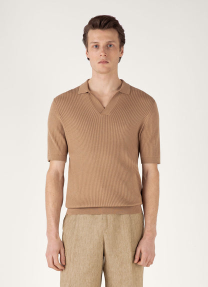Mens Fine Rib Silk Cotton Polo Shirt In Dune Mpol8241 Brfz