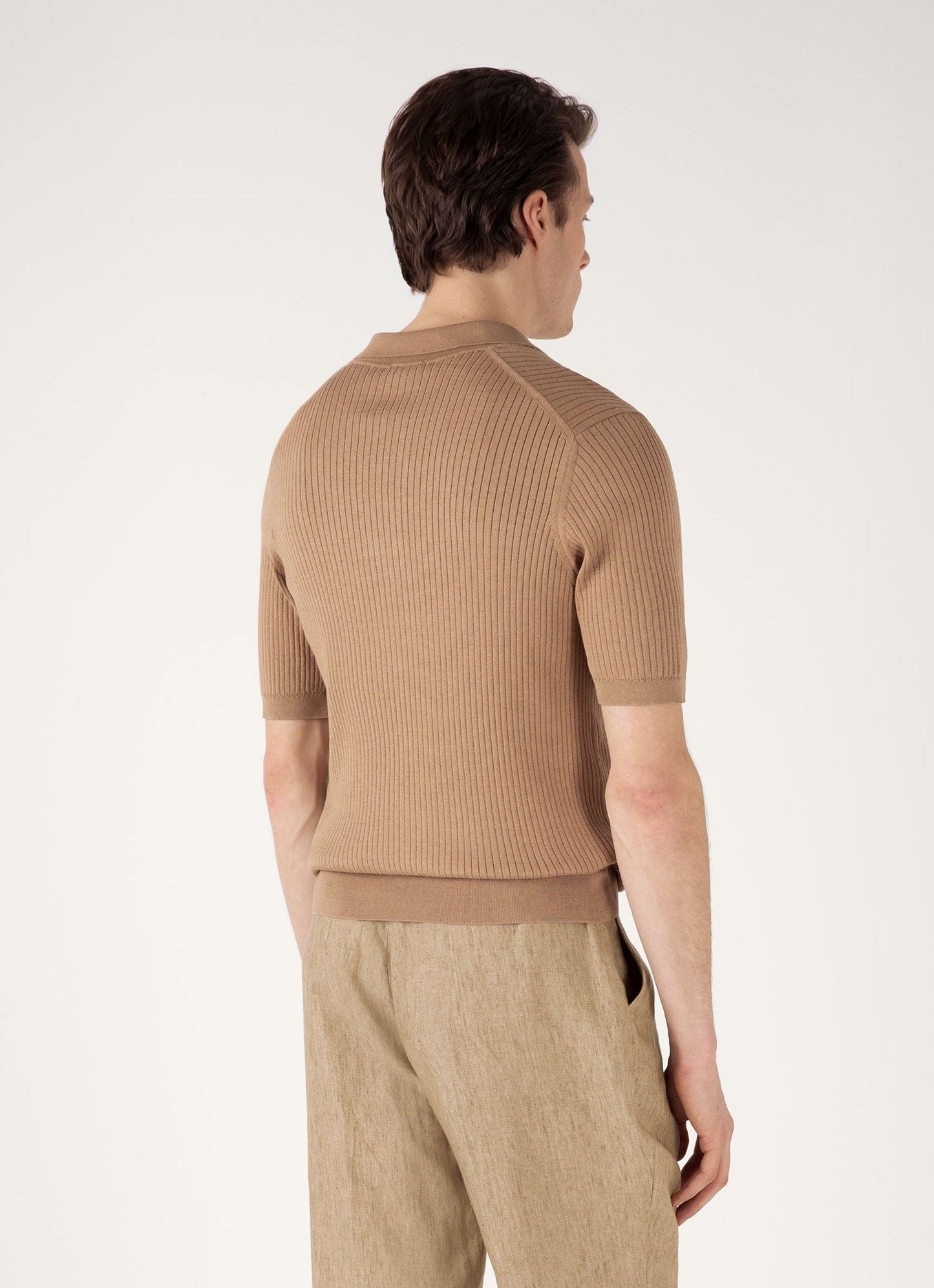 Mens Fine Rib Silk Cotton Polo Shirt In Dune Mpol8241 Brfz