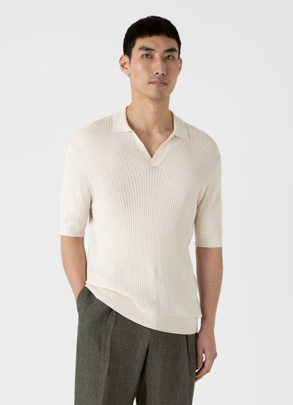 Mens Fine Rib Silk Cotton Polo Shirt In Ecru Mpol8241 Whcr
