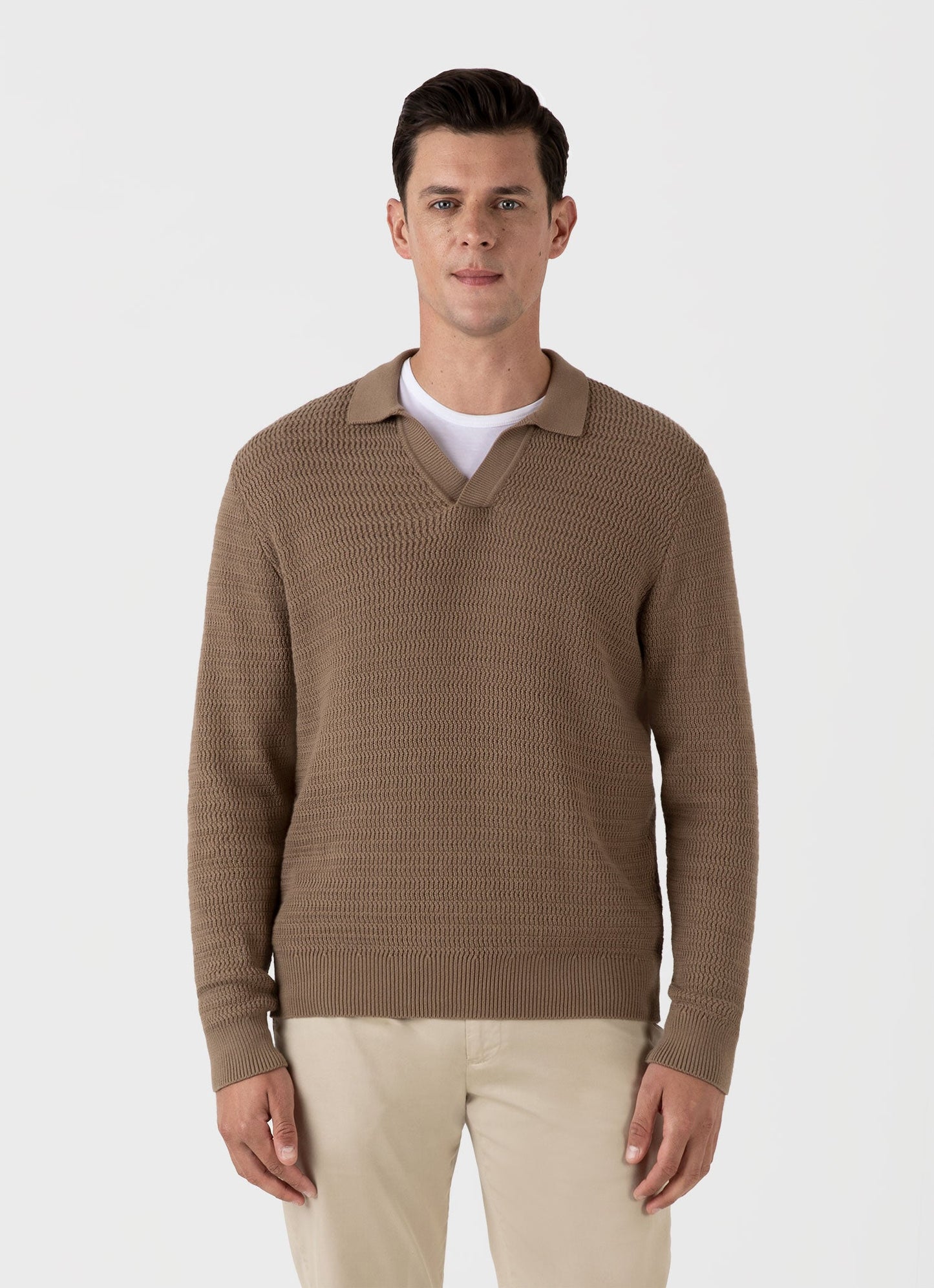 Mens Long Sleeve Textured Cotton Polo Shirt In Dark Stone Mpol8277 Whdc