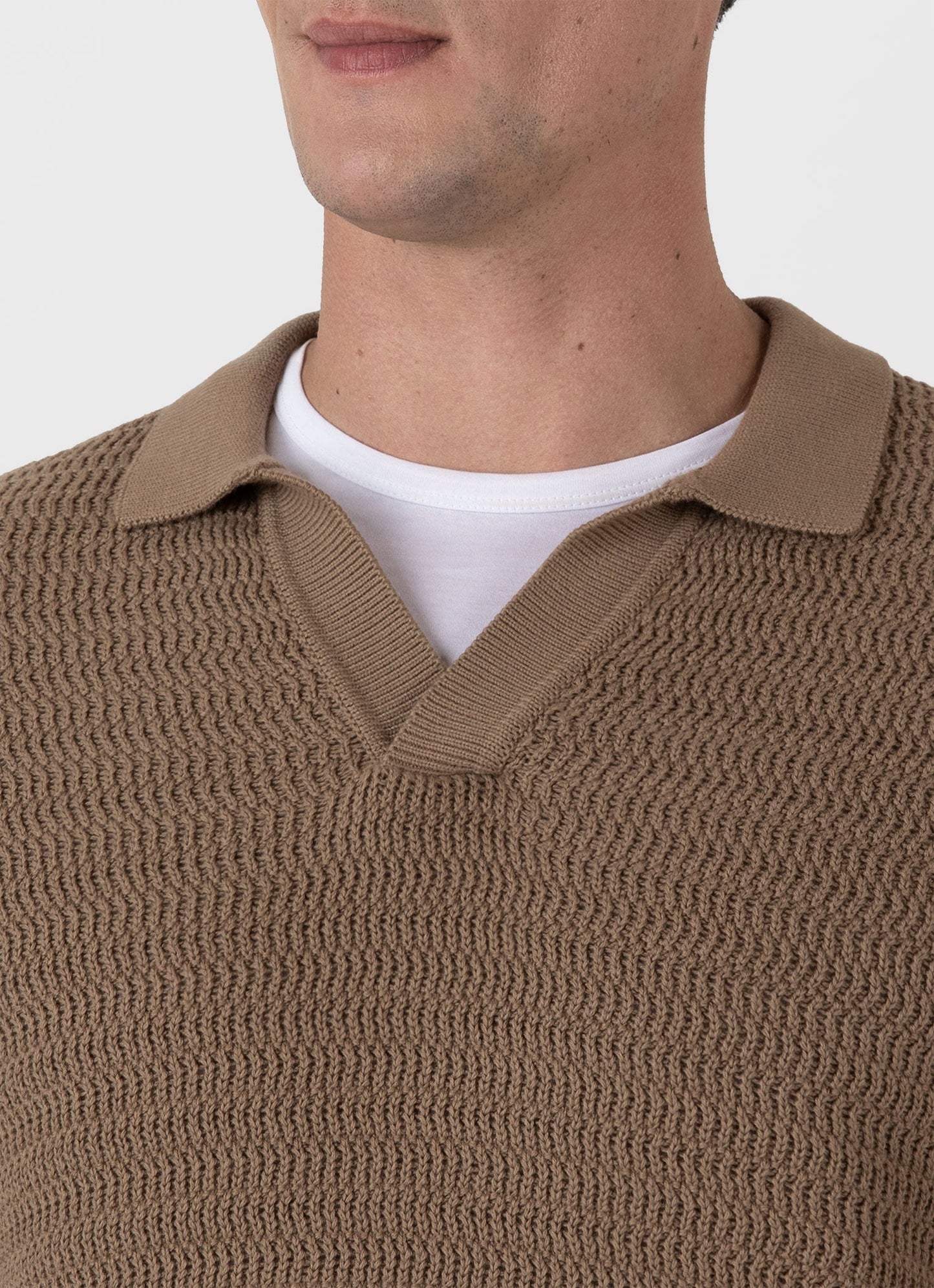 Mens Long Sleeve Textured Cotton Polo Shirt In Dark Stone Mpol8277 Whdc