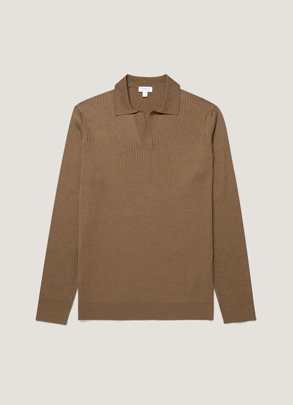 Mens Long Sleeve Fine Rib Silk Cotton Polo Shirt In Dark Cedar Mpol8298 Brgr