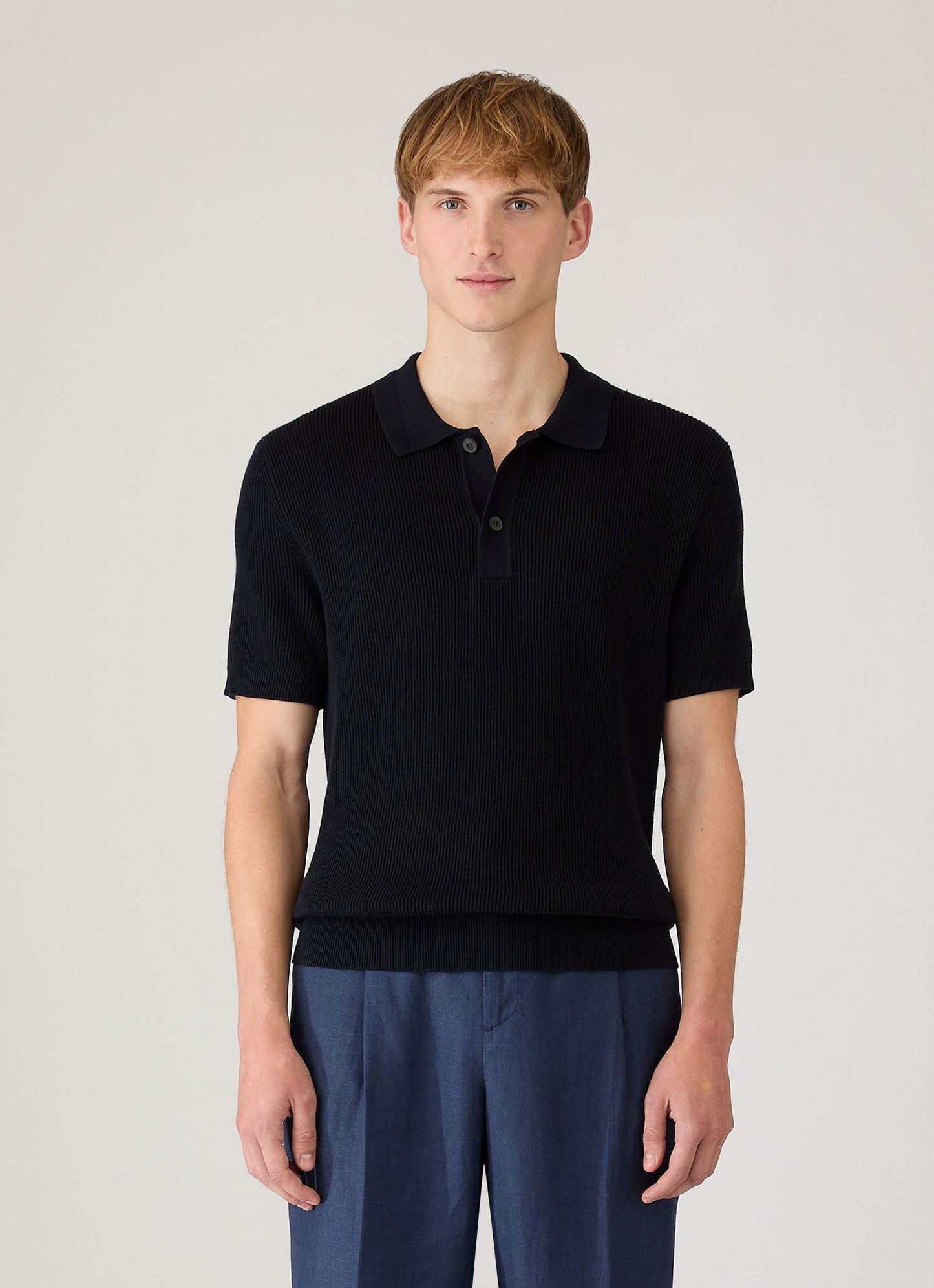 Mens Two Colour Rib Polo Shirt In Navy Mpol8317 Buaa