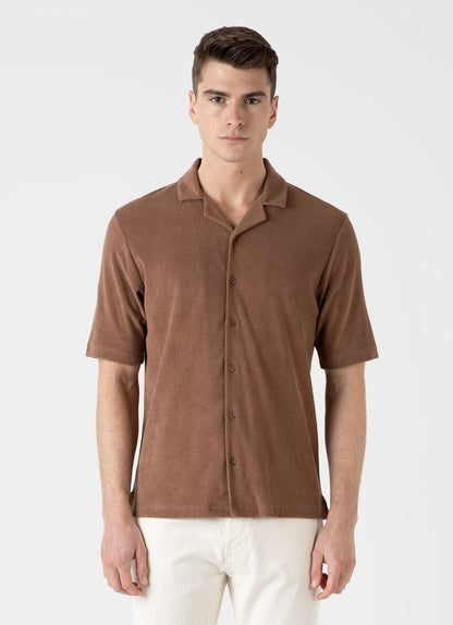 Mens Towelling Camp Collar Shirt In Dark Sand Msht1571 Brey