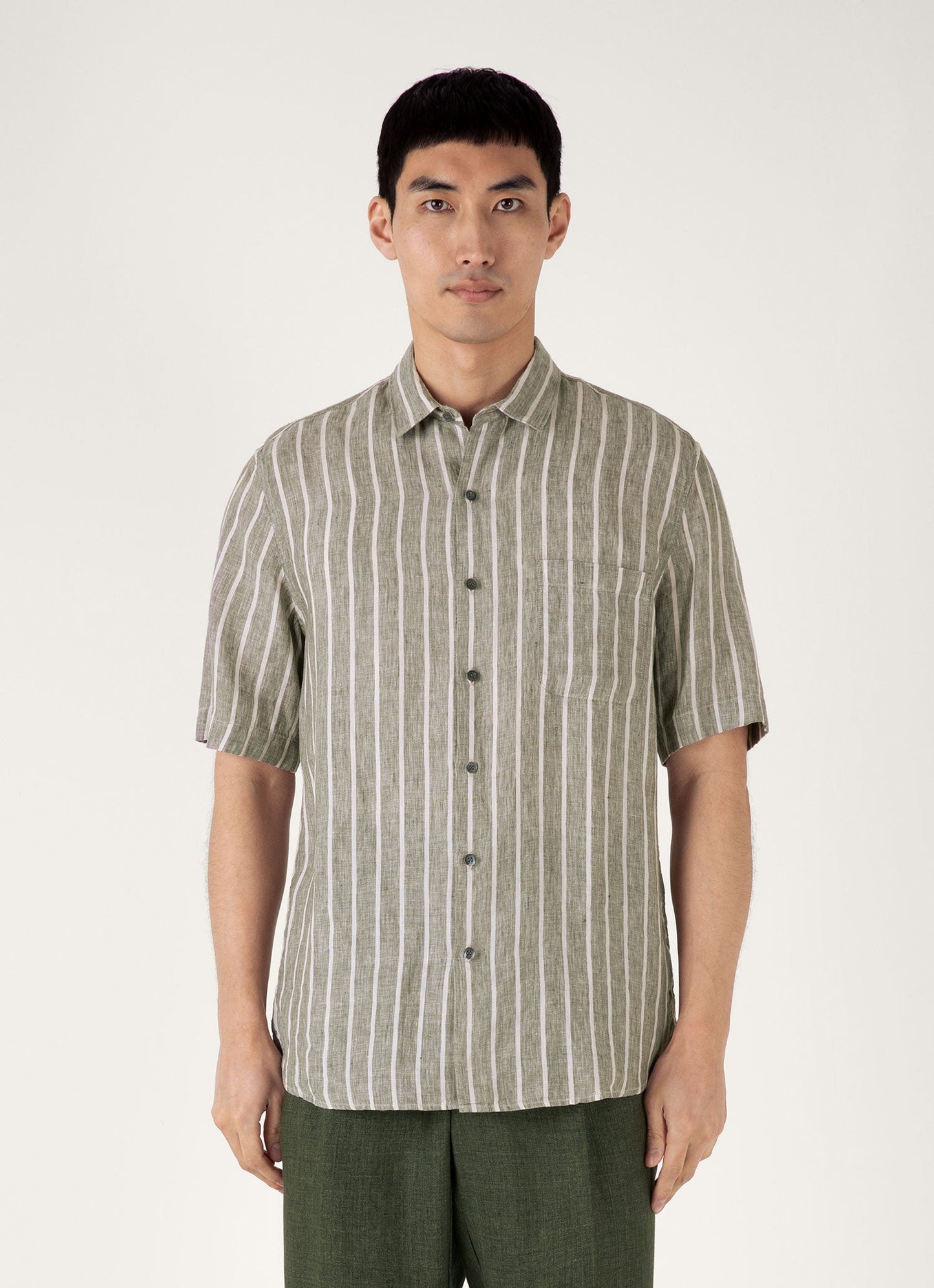 Mens Short Sleeve Linen Shirt In Dusk Green Ecru Msht2119 Stno