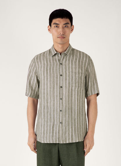Mens Short Sleeve Linen Shirt In Dusk Green Ecru Msht2119 Stno