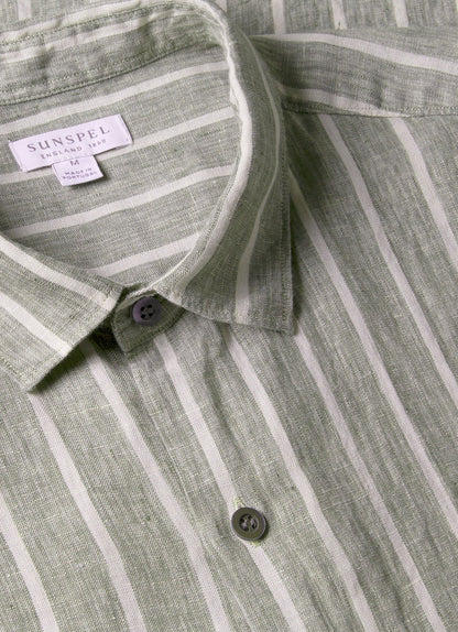 Mens Short Sleeve Linen Shirt In Dusk Green Ecru Msht2119 Stno