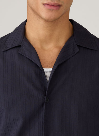 Mens Textured Stripe Camp Collar Shirt In Navy Msht2151 Buaa