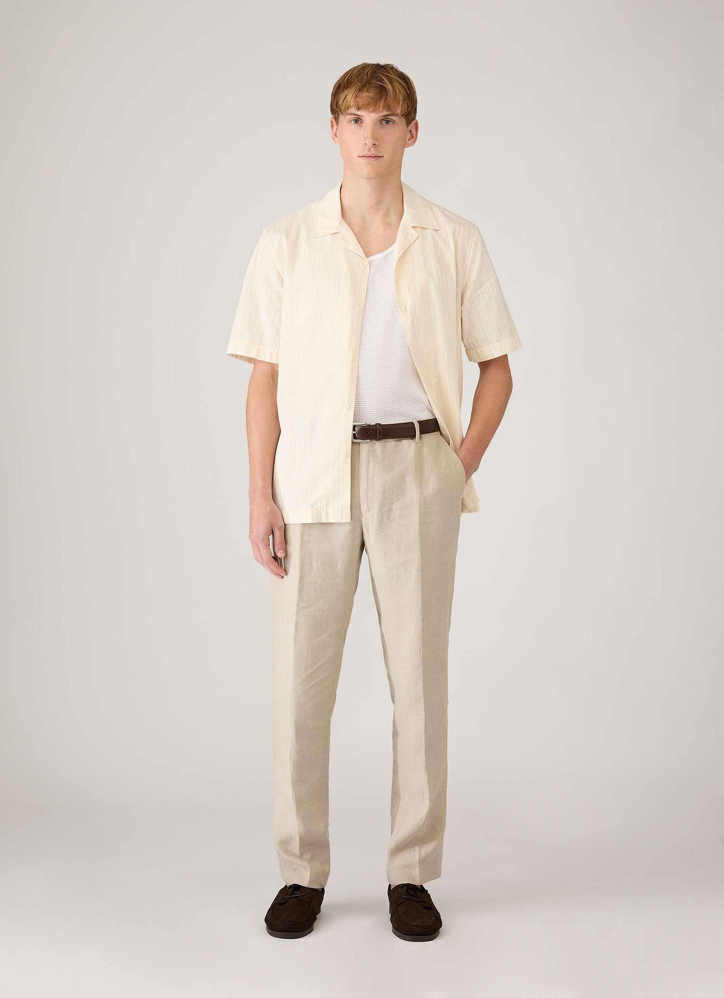 Mens Textured Stripe Camp Collar Shirt In Ecru Msht2151 Whcr