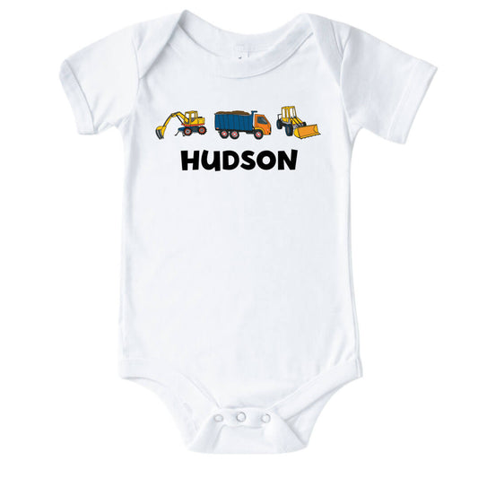 Personalized Construction Trucks Graphic Bodysuit | White