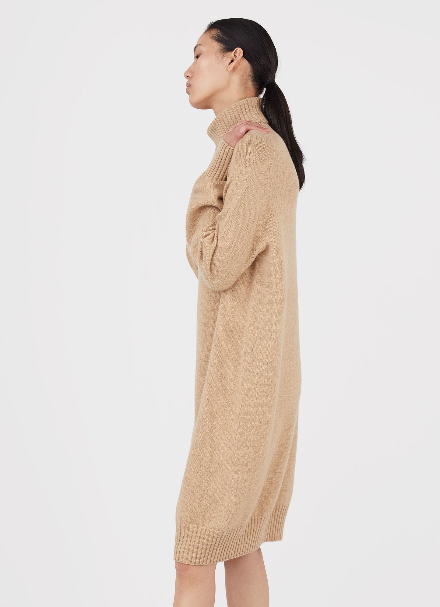 Womens Lambswool Roll Neck Dresses Light Camel