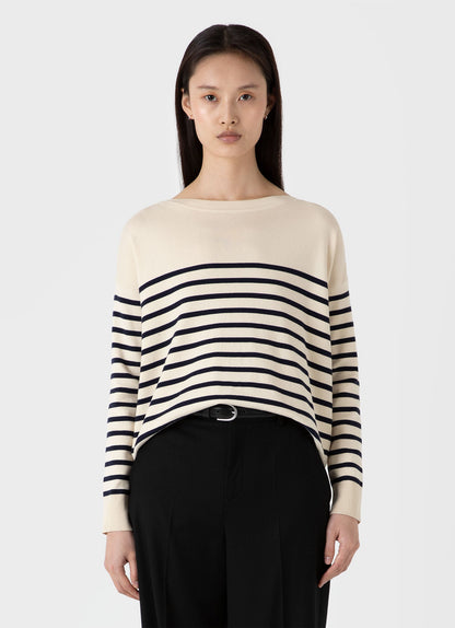 Womens Cotton Breton Stripe Jumper In Ecru Navy
