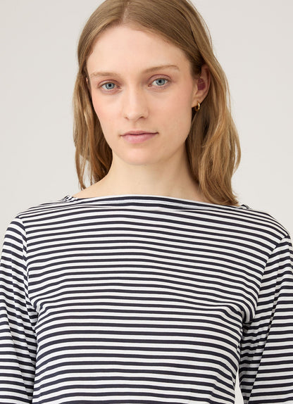 Womens Long Staple Cotton Boat Neck T Shirt In White Navy Stripe Wtsh0003Es