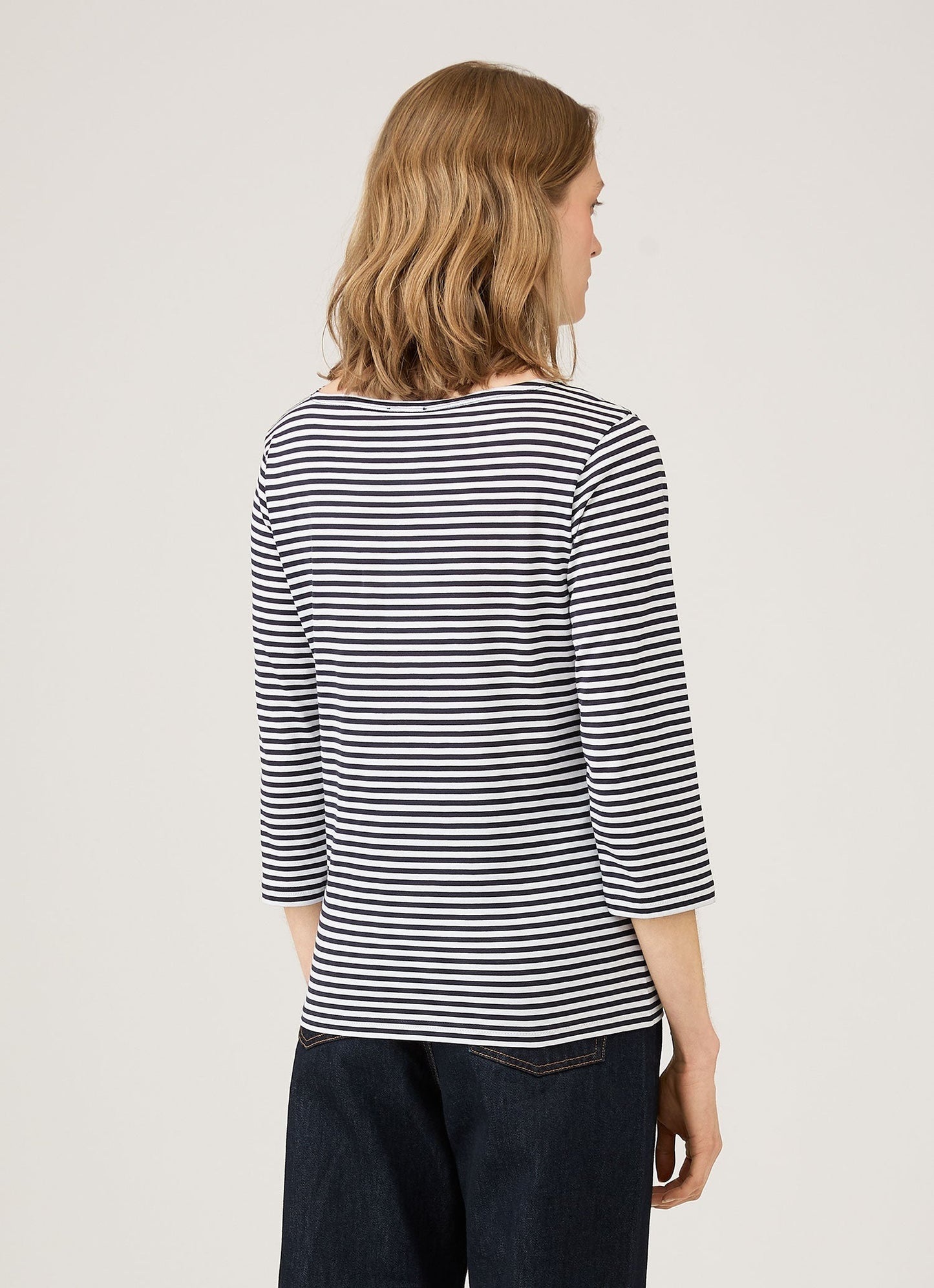 Womens Long Staple Cotton Boat Neck T Shirt In White Navy Stripe Wtsh0003Es